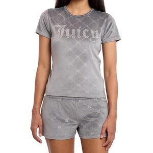 JUICY COUTURE 2 PIECE EMBELLISHED LOGO SILVER VELOUR LOUNGE PYJAMA SET